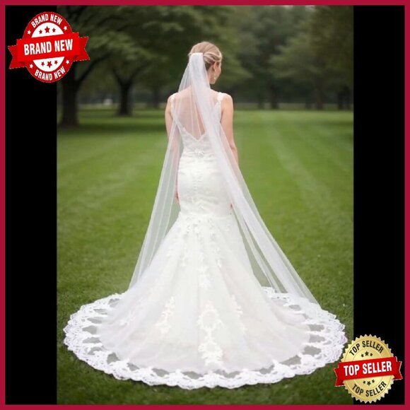 Long Chapel Lace Bridal Veil with Comb, Soft Tulle Material